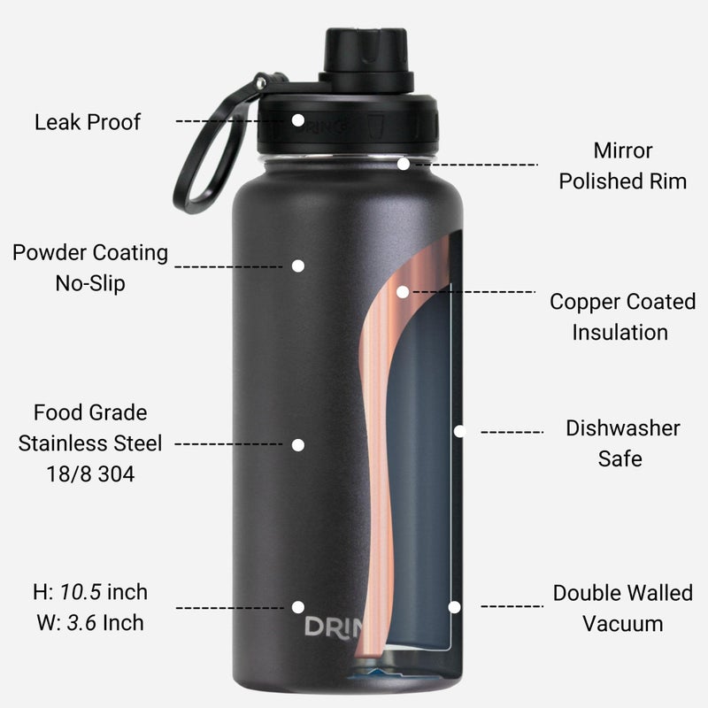 DRINCO Stainless Steel Water Bottle Spout Lid Vacuum Insulated Double Wall Water Bottle Wide Mouth (40oz 32oz 22oz 18oz 14oz) Leak Proof Keep Cold Sport Camping Hiking (32 oz, 32oz Black) - Image 4